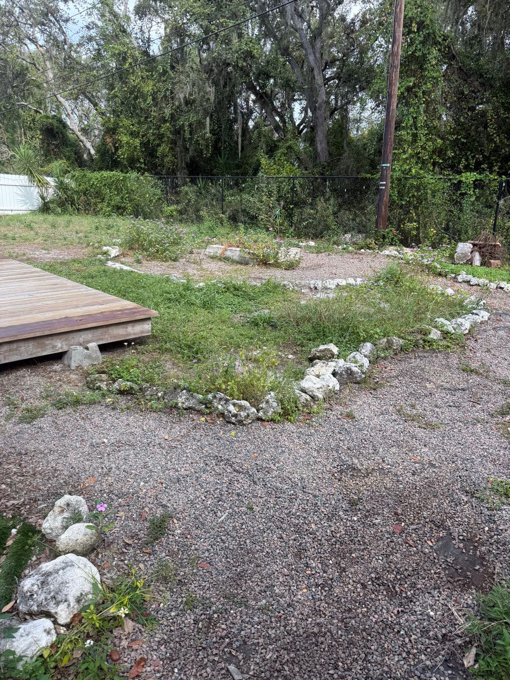 Garden area with stone borders, gravel paths, and scattered greenery in a natural setting.