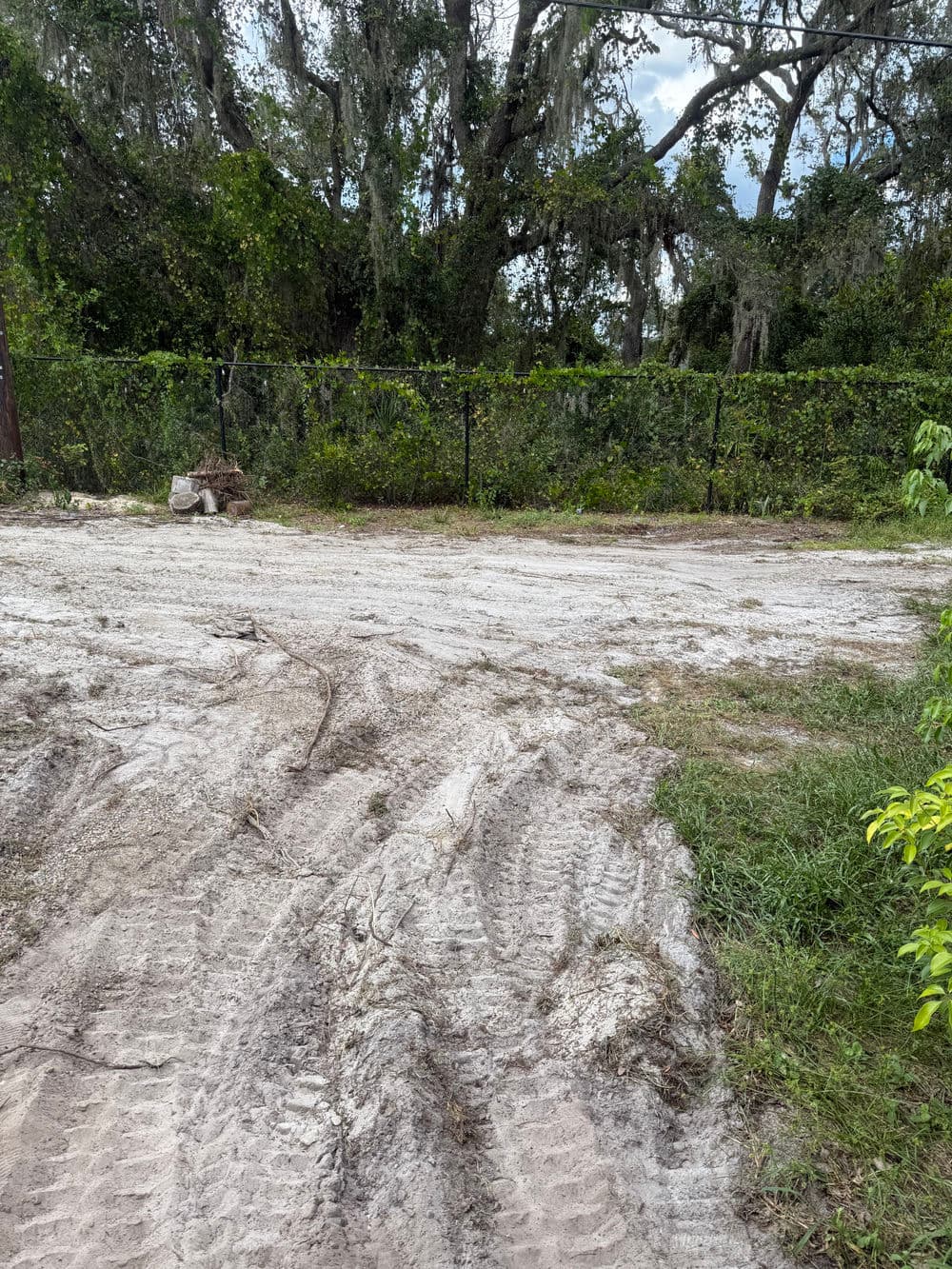 Dirt path with tire tracks and lush greenery in the background near a fence.